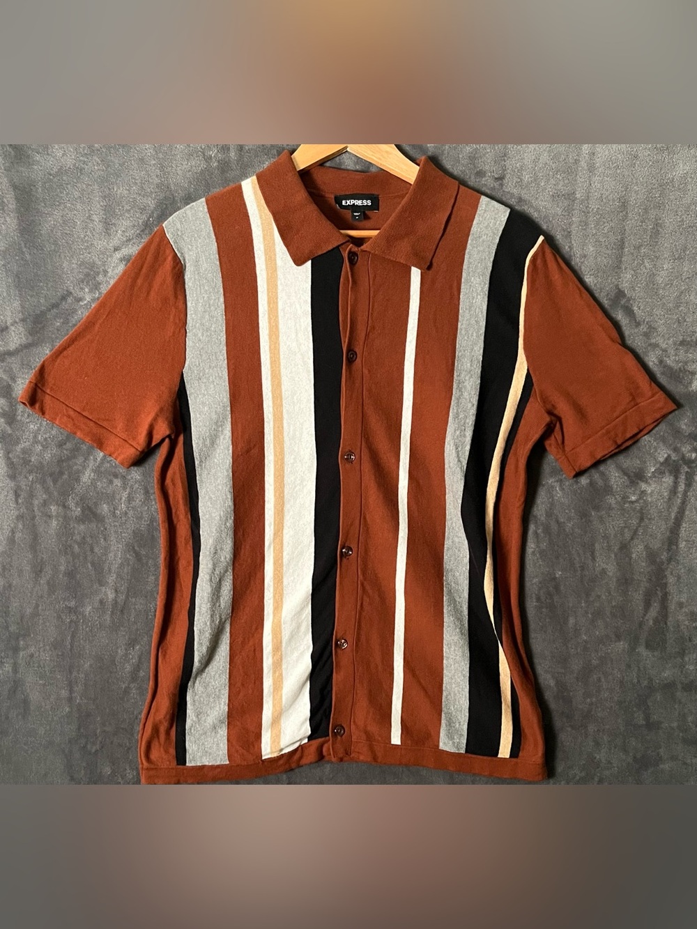 Express Men's Rust Brown Vertical Stripe Button-Up Polo Shirt M